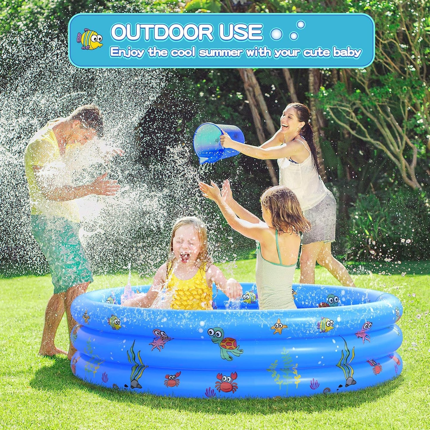 HeyGo 40"x15" Inflatable Kiddie Pool - 3-Ring Blue Baby Swimming Pool with Sea Animal Prints for Toddlers Backyard Summer Fun