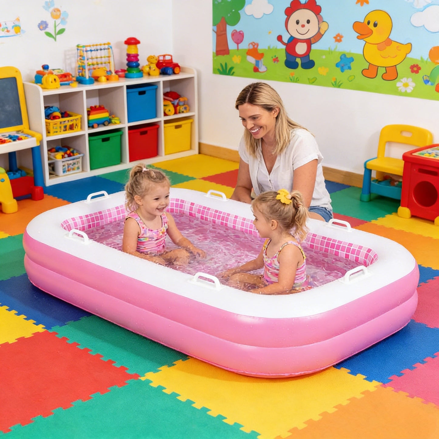 Jasonwell 2-in-1 Inflatable Kiddie Pool 65"x39"x10", Soft Cushioned Floor, Handles & Drain, Rectangular Pool for Kids 2+, Pink