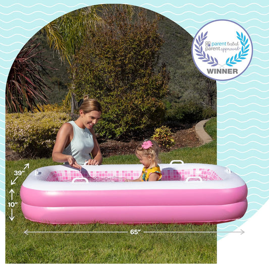 Jasonwell 2-in-1 Inflatable Kiddie Pool 65"x39"x10", Soft Cushioned Floor, Handles, Drain, Shallow Rectangular Pool for Kids 2+, Playful Pink