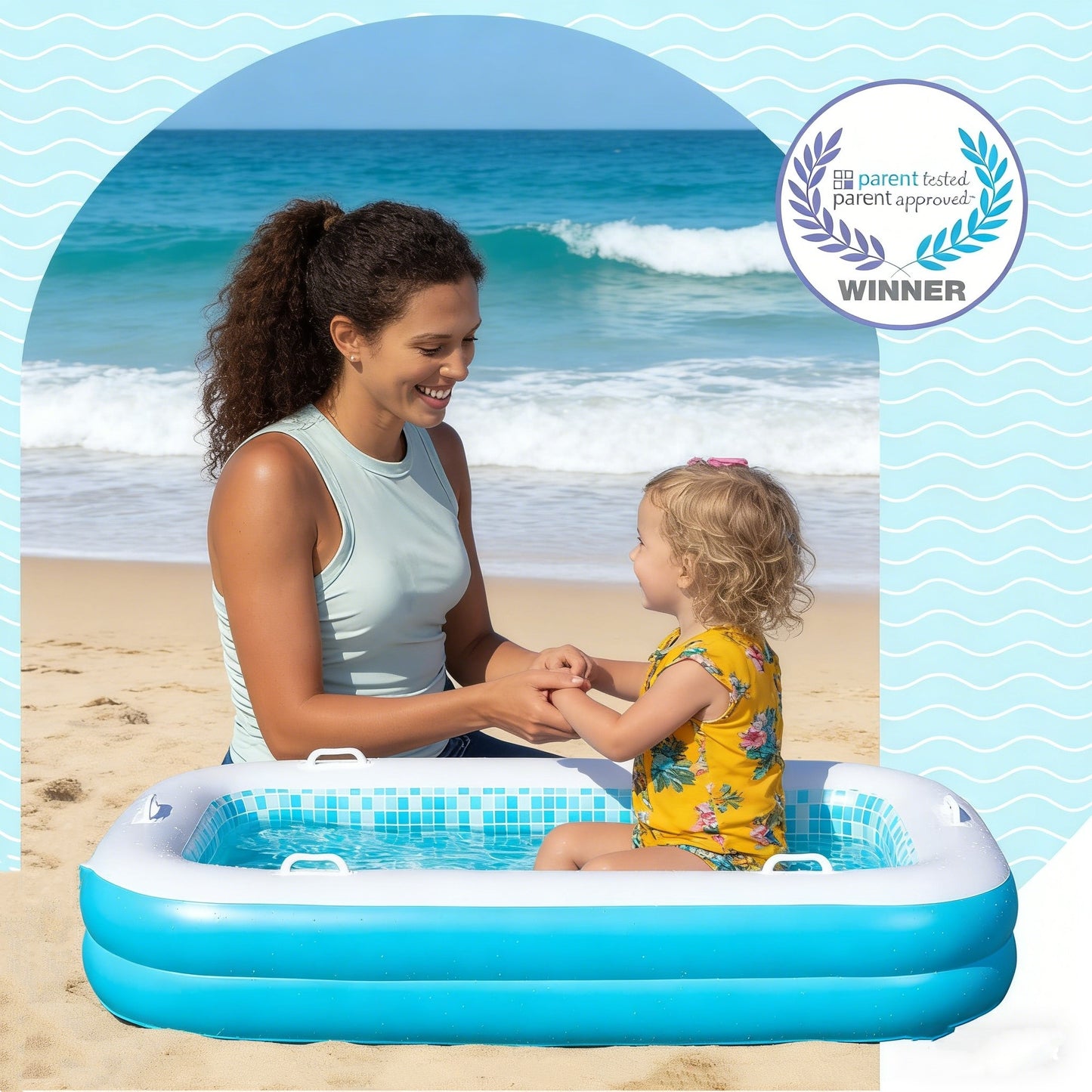 Jasonwell 2-in-1 Inflatable Kiddie Pool 65"x39"x10", Soft Cushioned Floor, Handles & Drain, Shallow Rectangular Pool for Kids 2+, Blue