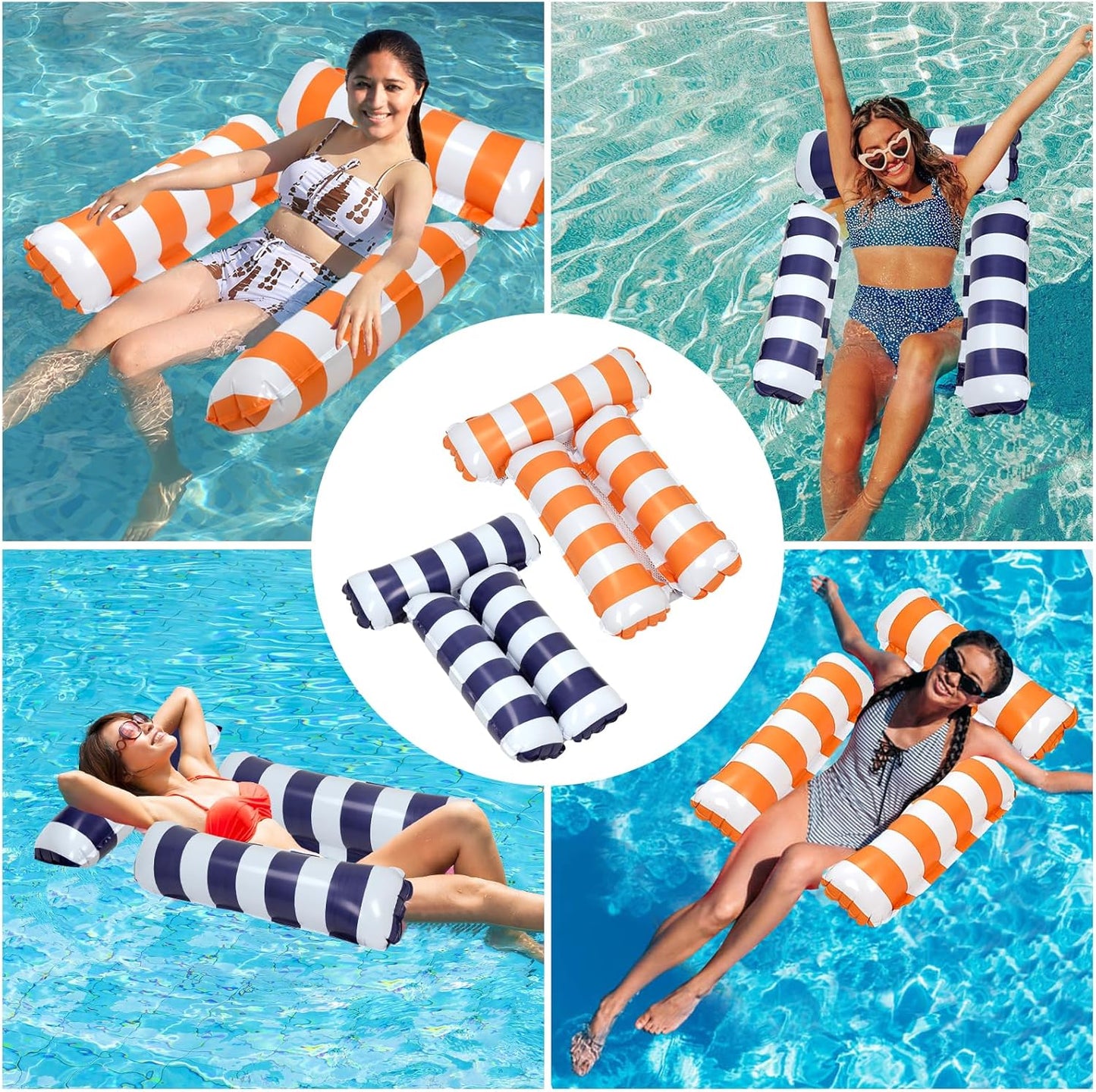 Jasonwell 2-Pack Inflatable Pool Floats – 4-in-1 Hammock with Mesh Bottom, Floating Chair Bed for Adults, Dark Blue & Orange