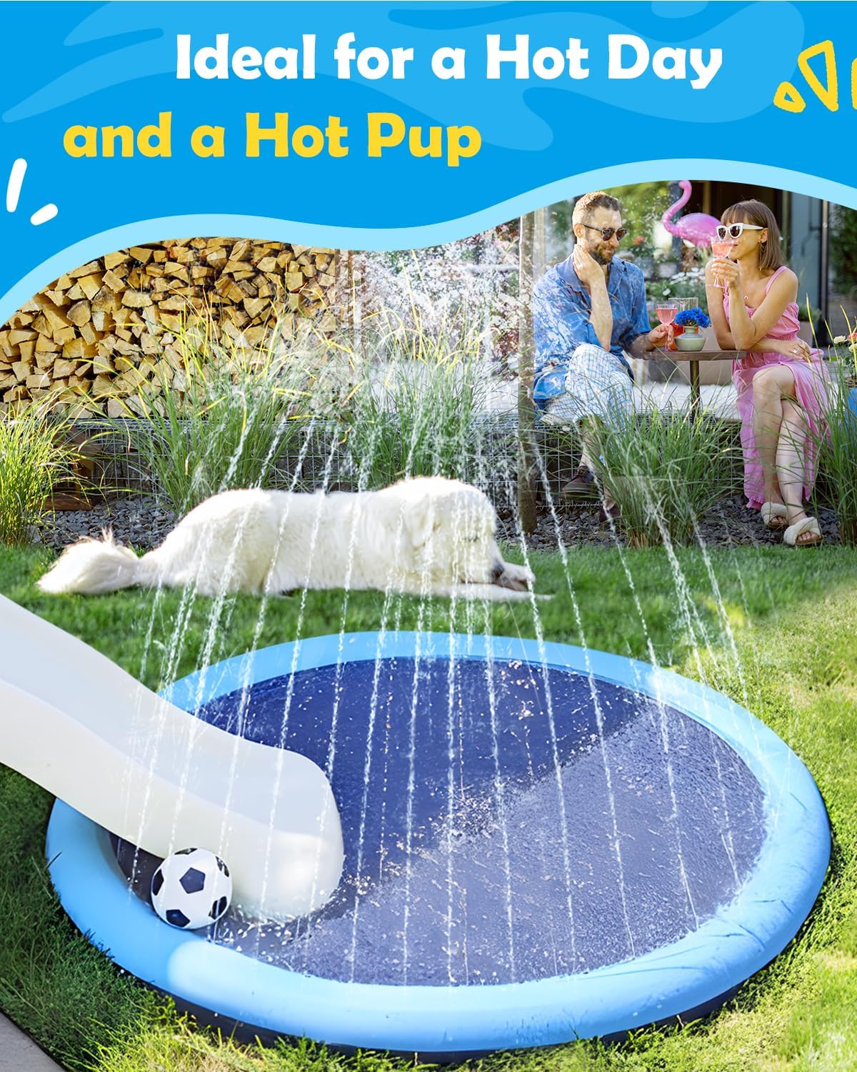 Jasonwell 59" Splash Pad for Dogs & Kids, Thick Anti-Slip Sprinkler Mat, Durable Outdoor Water Toy for Large Dogs & Toddlers, Blue