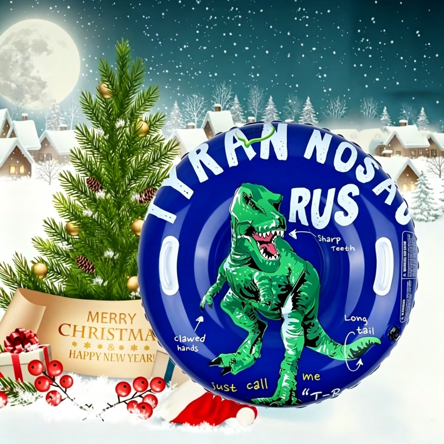 Dinosaur Inflatable Snow Tube, Thickened Heavy-Duty PVC Sled with Reinforced Bottom & 2 Handles, Winter Snow Sled for Skiing, Outdoor Games, Halloween & Christmas Activities