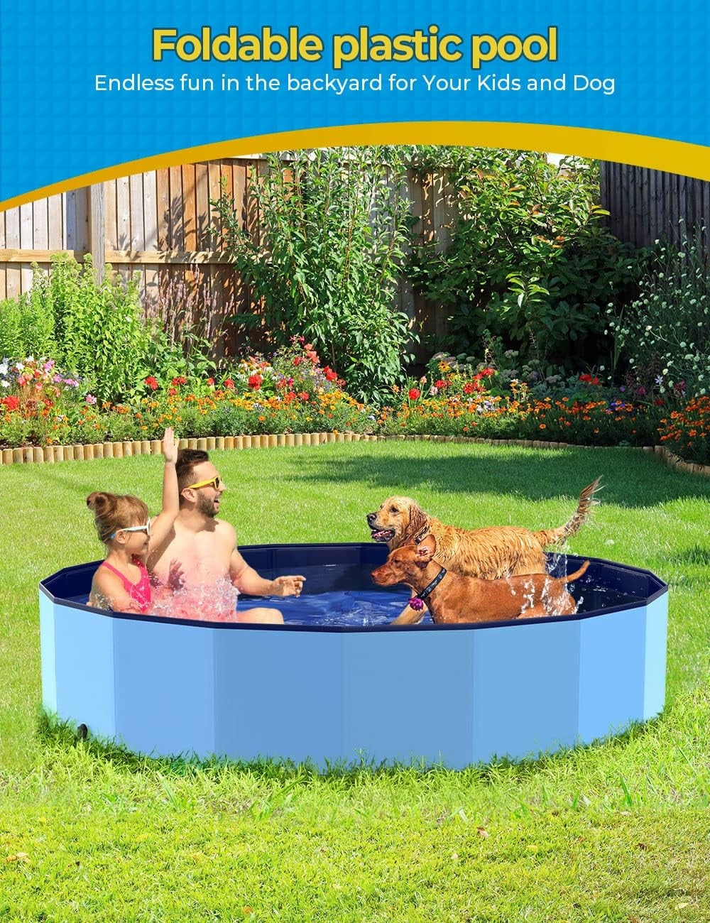 Jasonwell Jumbo Foldable Dog Pool, 77"x16" Hard Plastic Portable Pet Bathing Tub, Collapsible Swimming Pool for Dogs, Cats & Kids, Blue