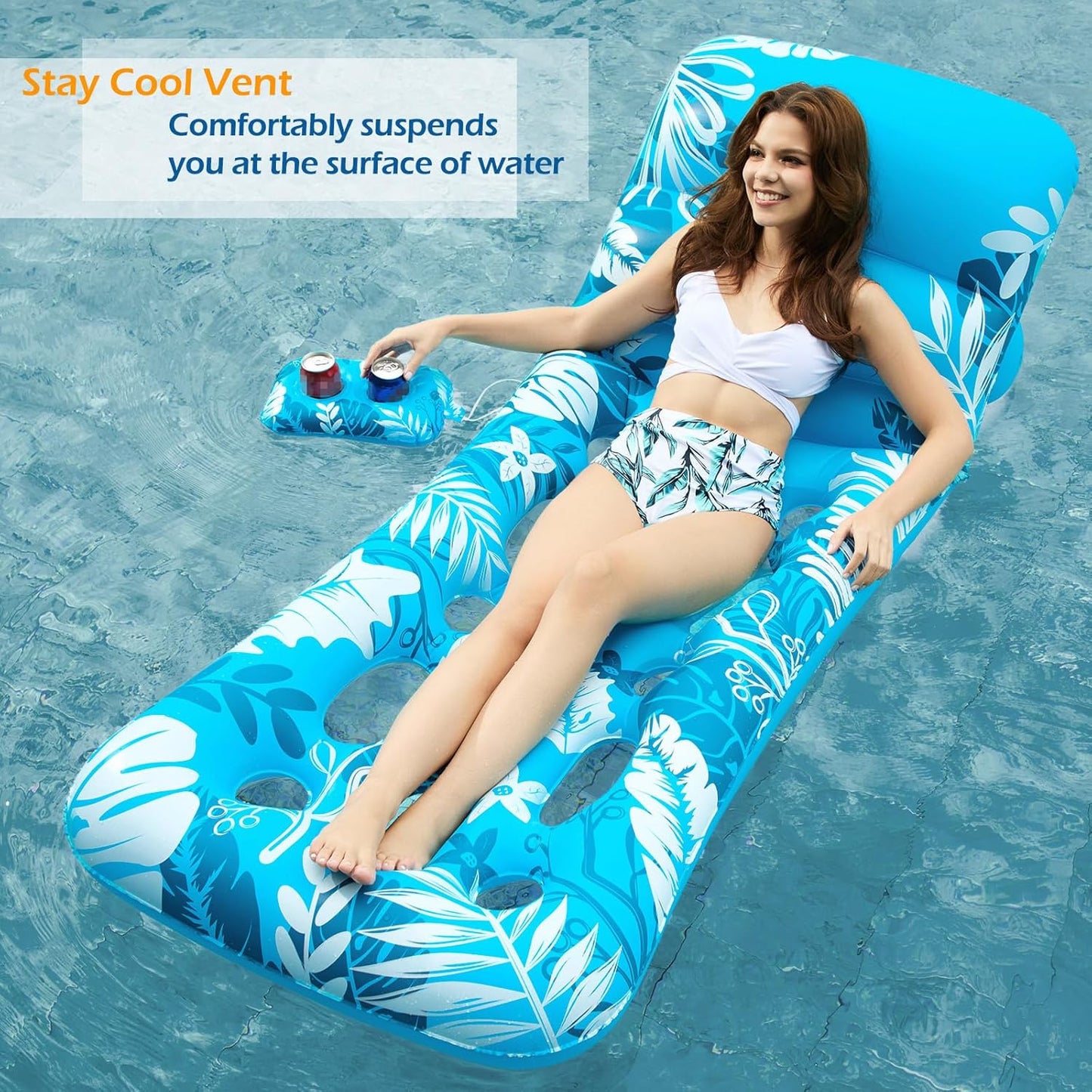 Jasonwell Inflatable Pool Float for Adults — Adjustable Backrest Lounger Raft with Cup Holders, Mesh Seat for Pool, Lake & Beach - Bluewhite