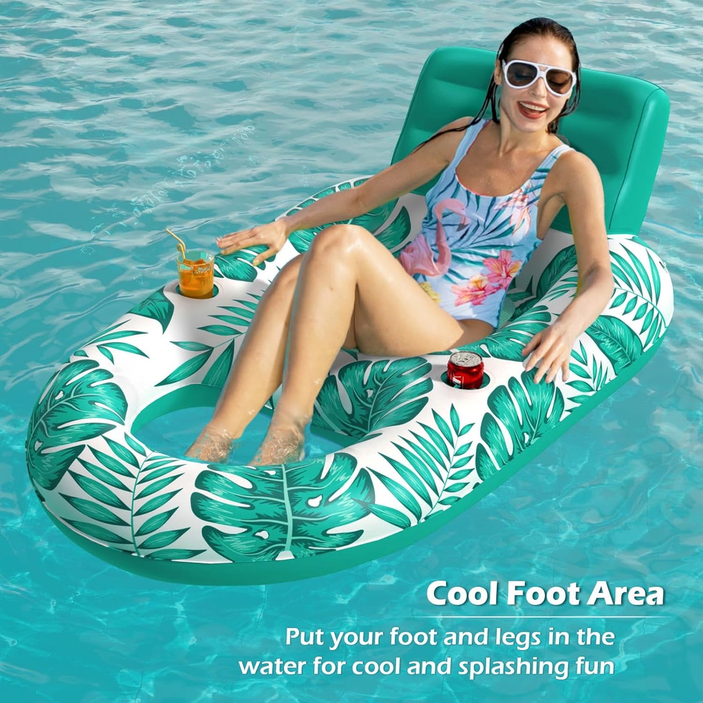 Jasonwell Inflatable Pool Float for Adults — Lounger Raft with Cup Holders, Floating Chair for Pool, Lake & Beach - Tropical Green