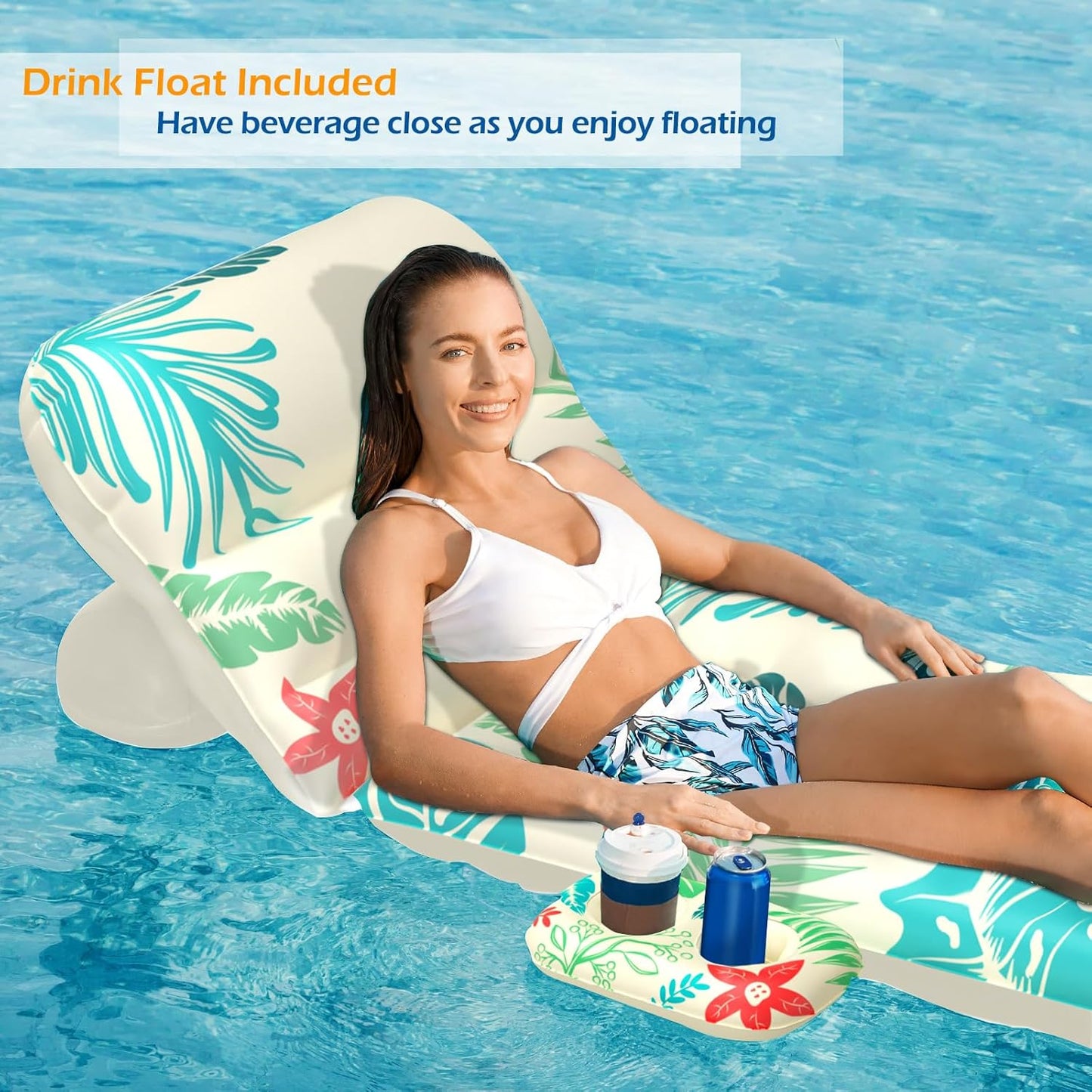 Jasonwell Inflatable Pool Float for Adults — Adjustable Backrest Lounger Raft with Cup Holders, Mesh Seat for Pool, Lake & Beach - Beige