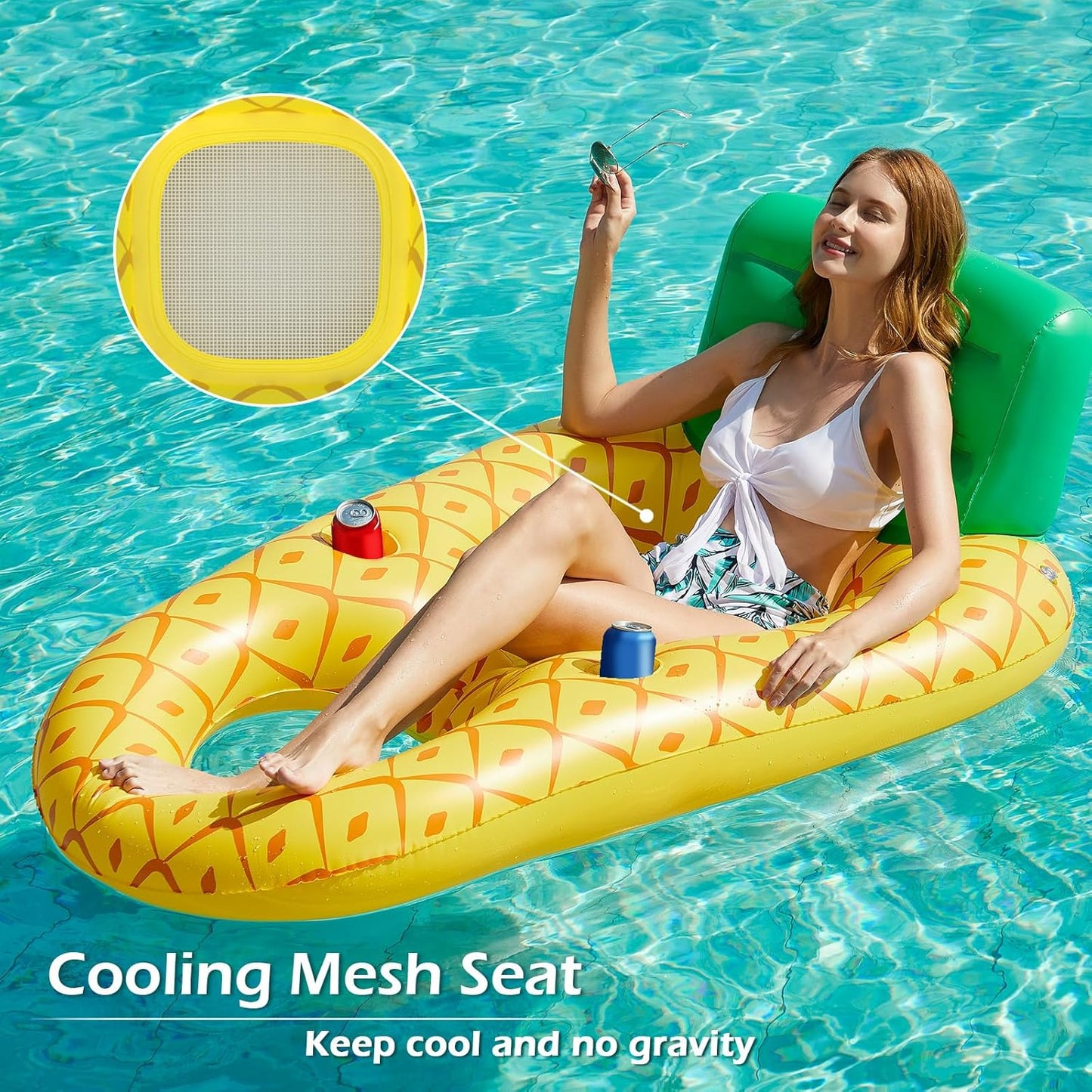 Jasonwell Inflatable Pool Float for Adults — Lounger Raft with Cup Holders, Floating Chair for Pool, Lake & Beach - Pineapple