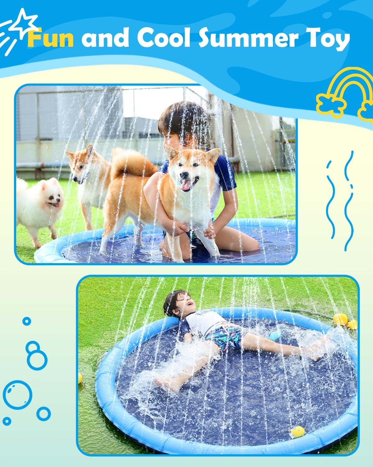 Jasonwell 59" Splash Pad for Dogs & Kids: Durable Anti-Slip Sprinkler Pool, Outdoor Water Play Mat & Summer Toy for Large Dogs