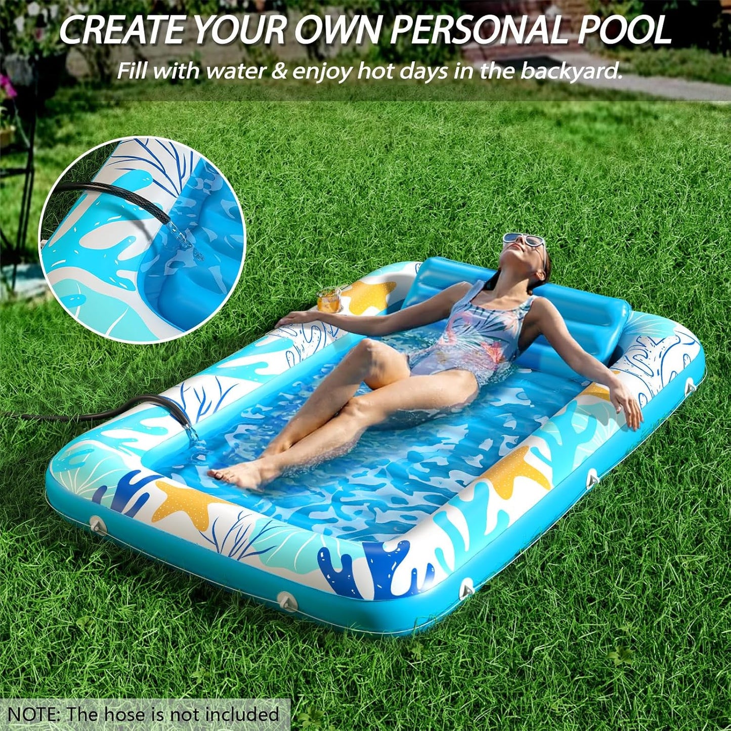 Jasonwell 4‑in‑1 Inflatable Tanning Lounger — Sun Tan Tub & Pool Raft, Water‑Filled Mat/Pad for Adults & Kids (Large) - Ocean Aqua