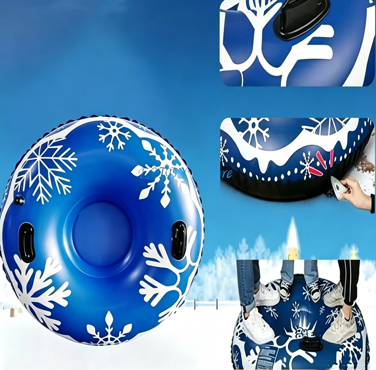 47 Inch Blue Inflatable Snow Tube Sled with 2 Reinforced High Handles, Heavy-Duty Reinforced Bottom Winter Sled for Family Outdoor Games & Christmas Activities