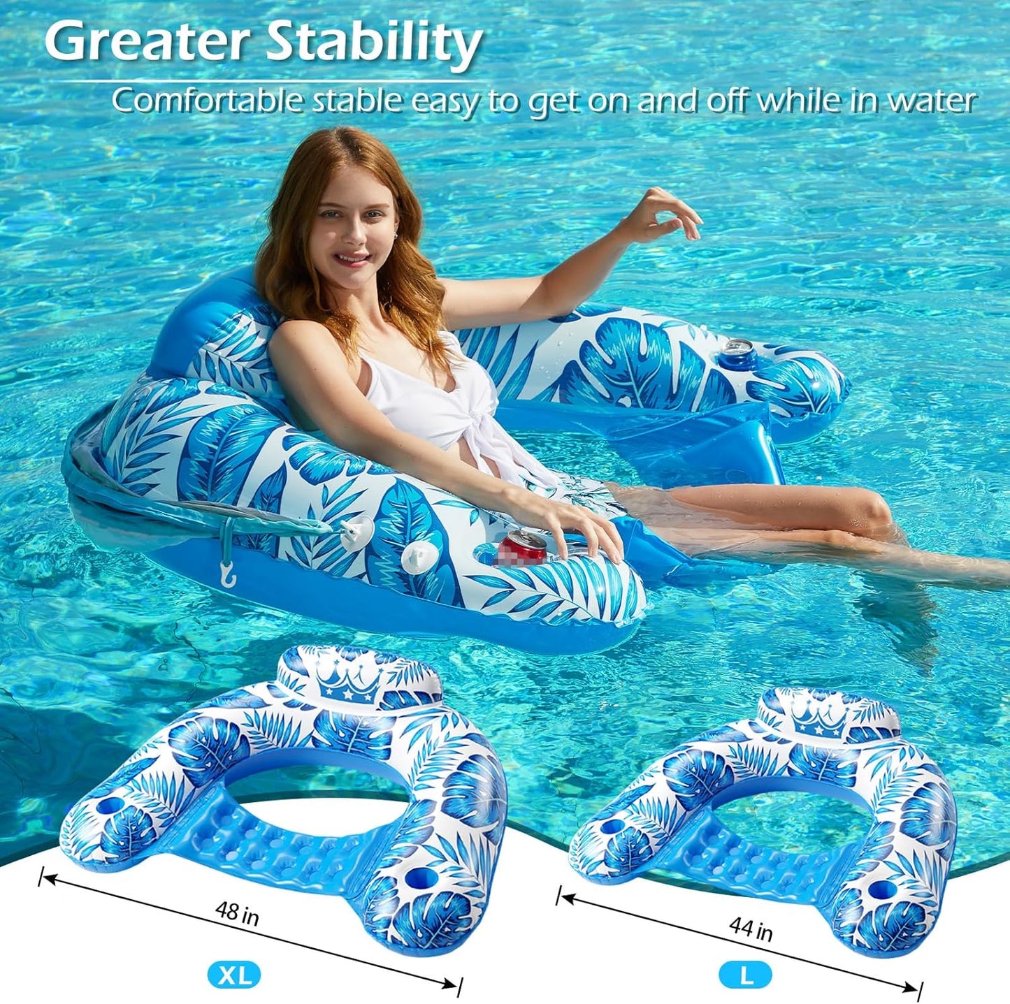 Jasonwell X-Large Blue Pool Float with Canopy, Inflatable Adult Pool Chair Lounge with Cup Holders, Floating Water Chair for Swimming & Parties