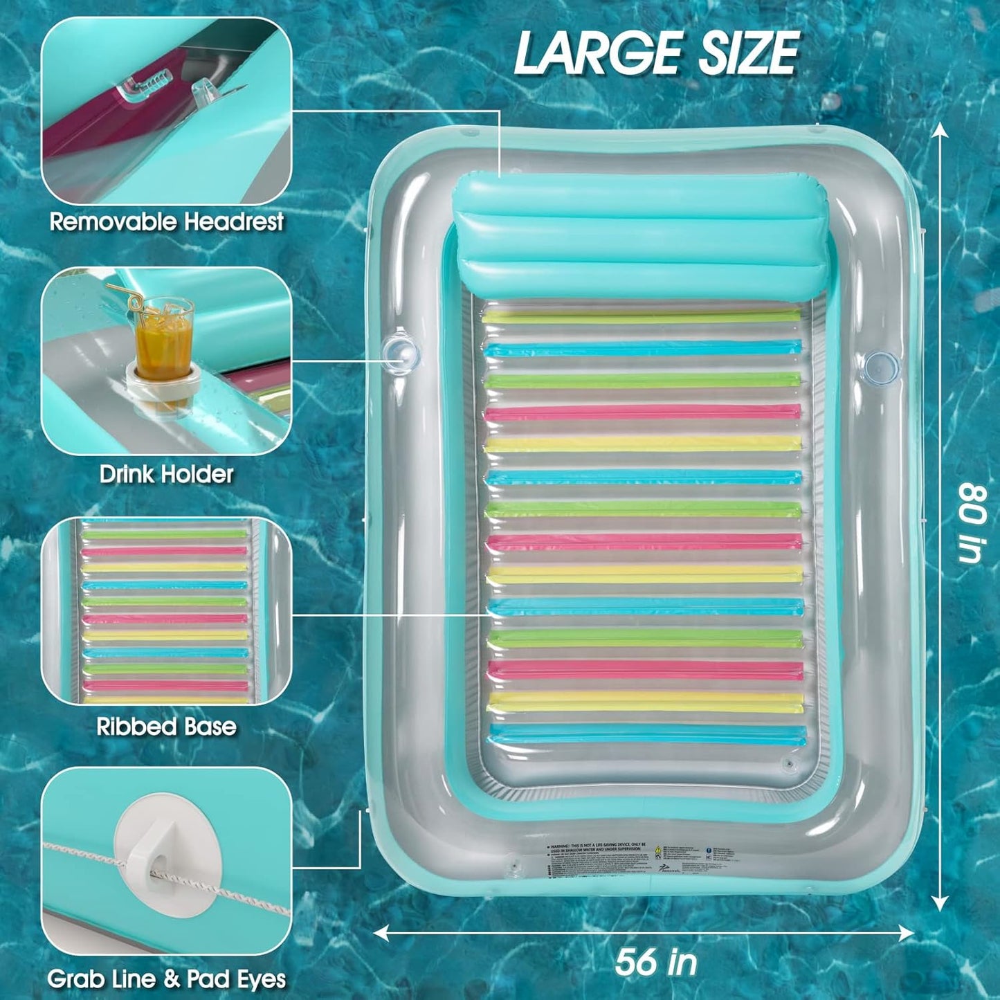 Jasonwell 4‑in‑1 Inflatable Tanning Lounger — Sun Tan Tub & Pool Raft, Water‑Filled Mat/Pad for Adults & Kids (XL) - Green w reflective base