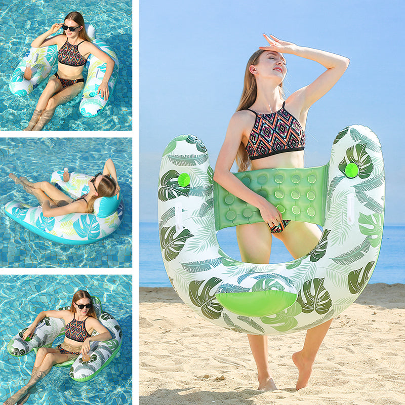 HeyGo 2-Pack U-Shaped Inflatable Pool Float Chairs with Cup Holders (Blue & Green, 44x37 in) Lounger for Summer Fun