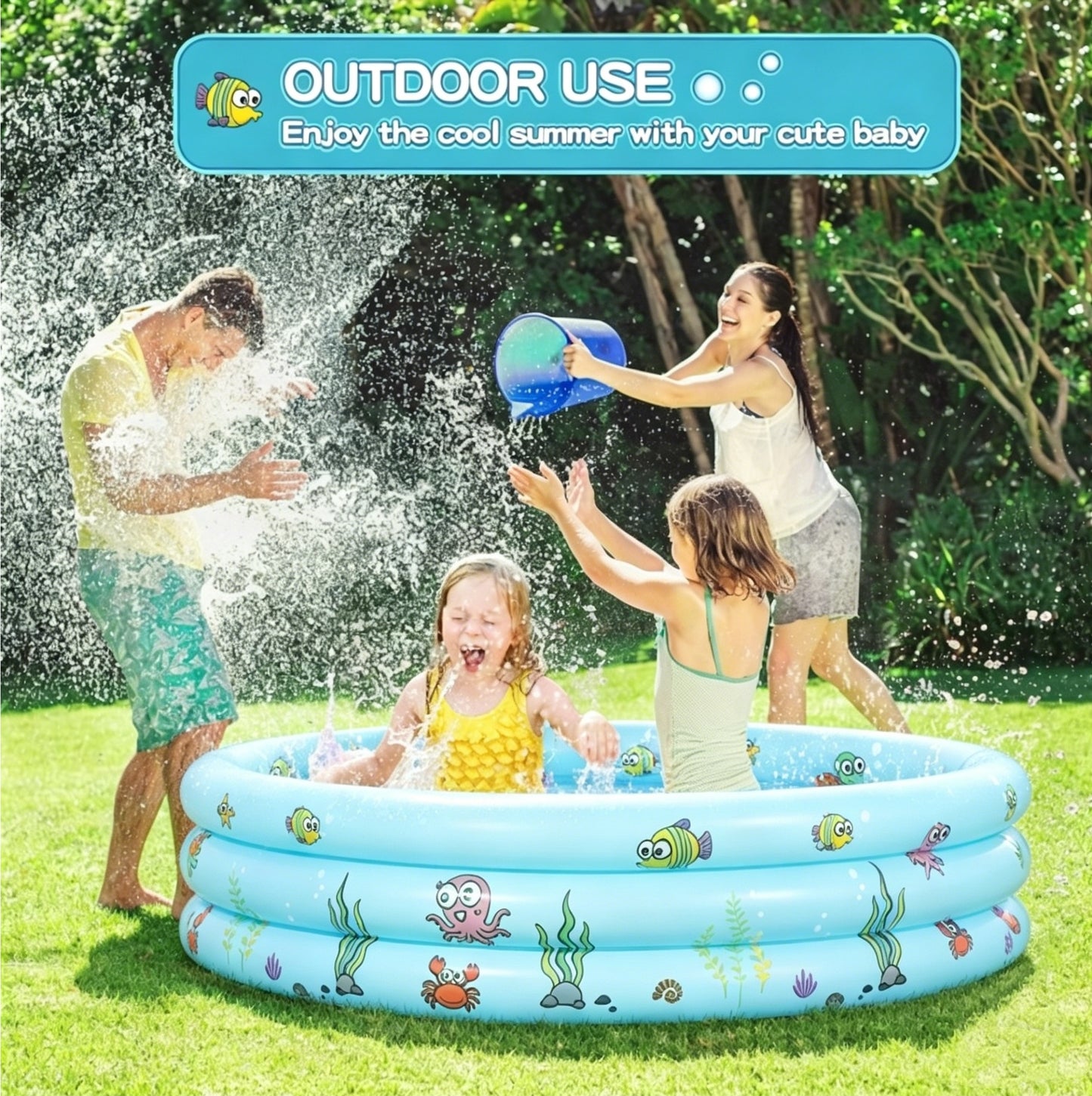 HeyGo 51"x15" Inflatable Kiddie Pool, Green 3-Ring Baby Pool with Thick Bubble Bottom & Sea Animal Print for Backyard Fun