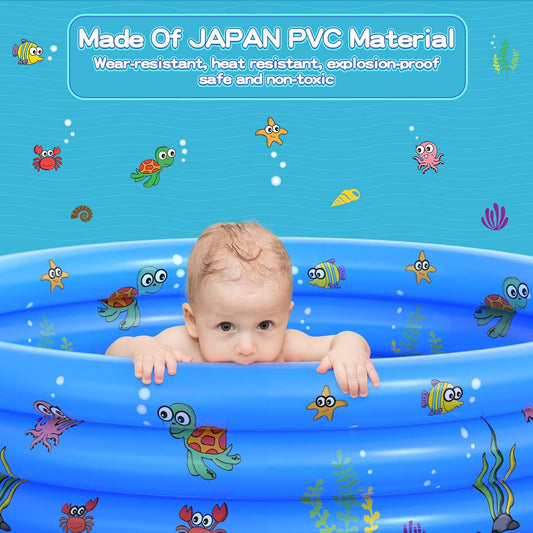 HeyGo 3-Ring Inflatable Kiddie Pool, Cartoon Sea Animal Print, Blue Baby Swimming Pool for Backyard, Garden & Summer Water Fun