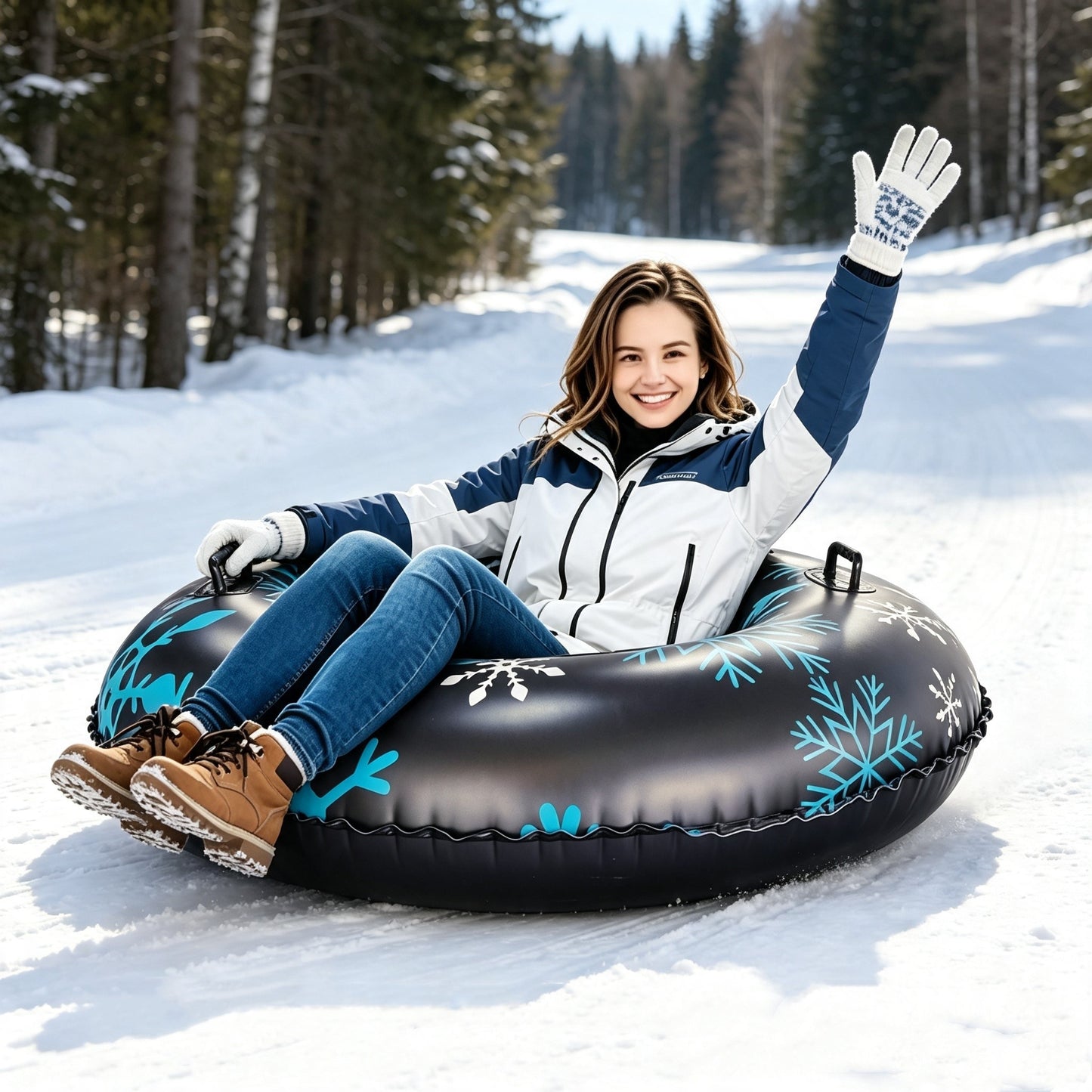 47 Inch Black Inflatable Snow Tube, Heavy-Duty PVC Sled with Sturdy Handles, Family Winter Outdoor Sledding Toy for Christmas & Thanksgiving Holiday Activities