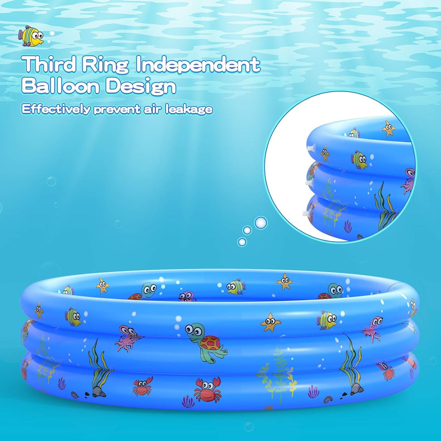 HeyGo 3-Ring Inflatable Kiddie Pool, Cartoon Sea Animal Print, Blue Baby Swimming Pool for Backyard, Garden & Summer Water Fun