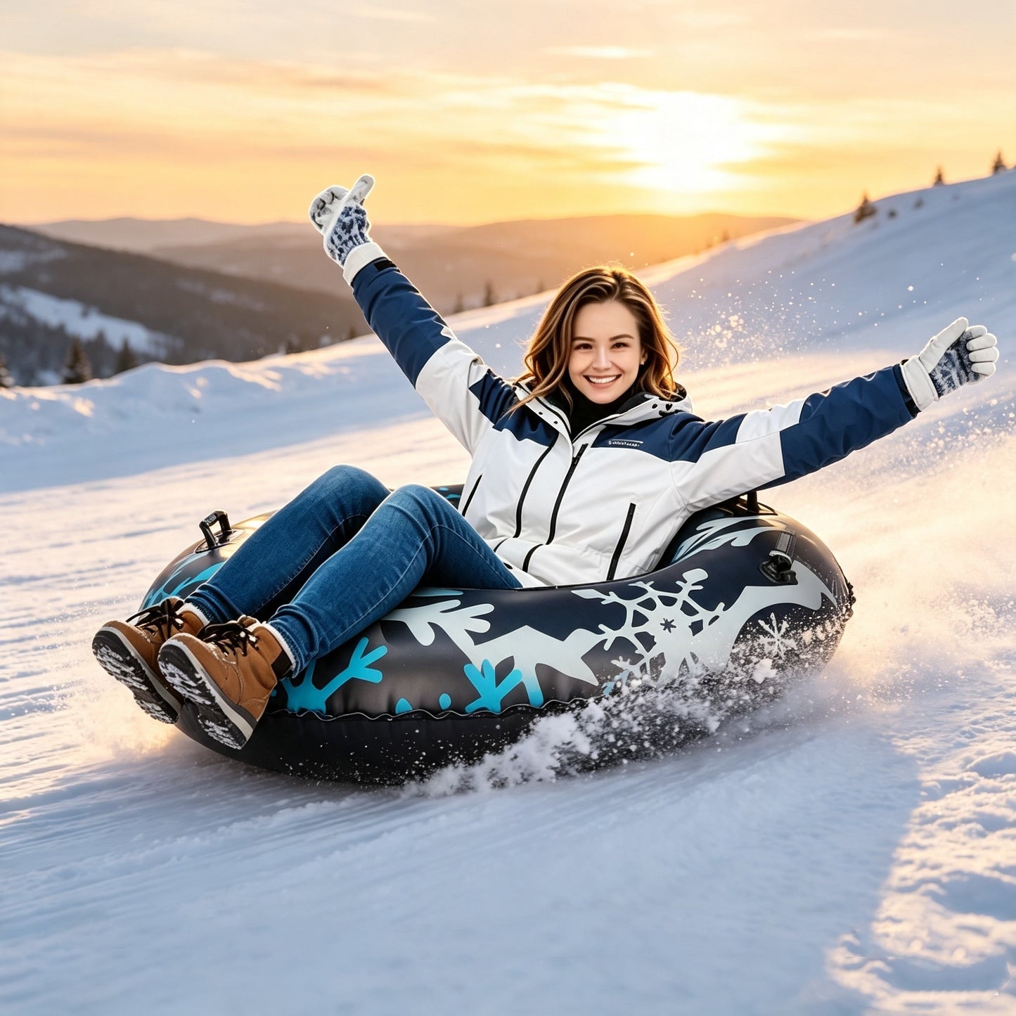 47 Inch Black Inflatable Snow Tube, Heavy-Duty PVC Sled with Sturdy Handles, Family Winter Outdoor Sledding Toy for Christmas & Thanksgiving Holiday Activities