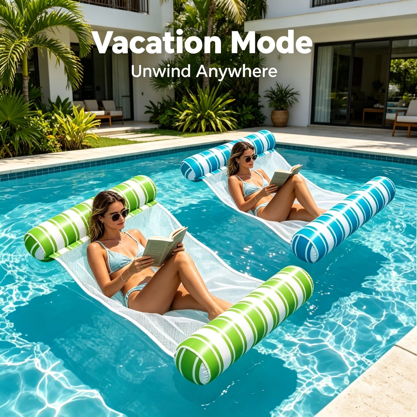 HeyGo 2-Pack 4-in-1 Inflatable Pool Floats (48x32 in) Thick Leak-Proof Water Hammock Raft (Blue & Green Stripe) for Pool
