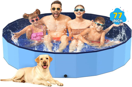 Jasonwell Jumbo Foldable Dog Pool, 77"x16" Hard Plastic Portable Pet Bathing Tub, Collapsible Swimming Pool for Dogs, Cats & Kids, Blue