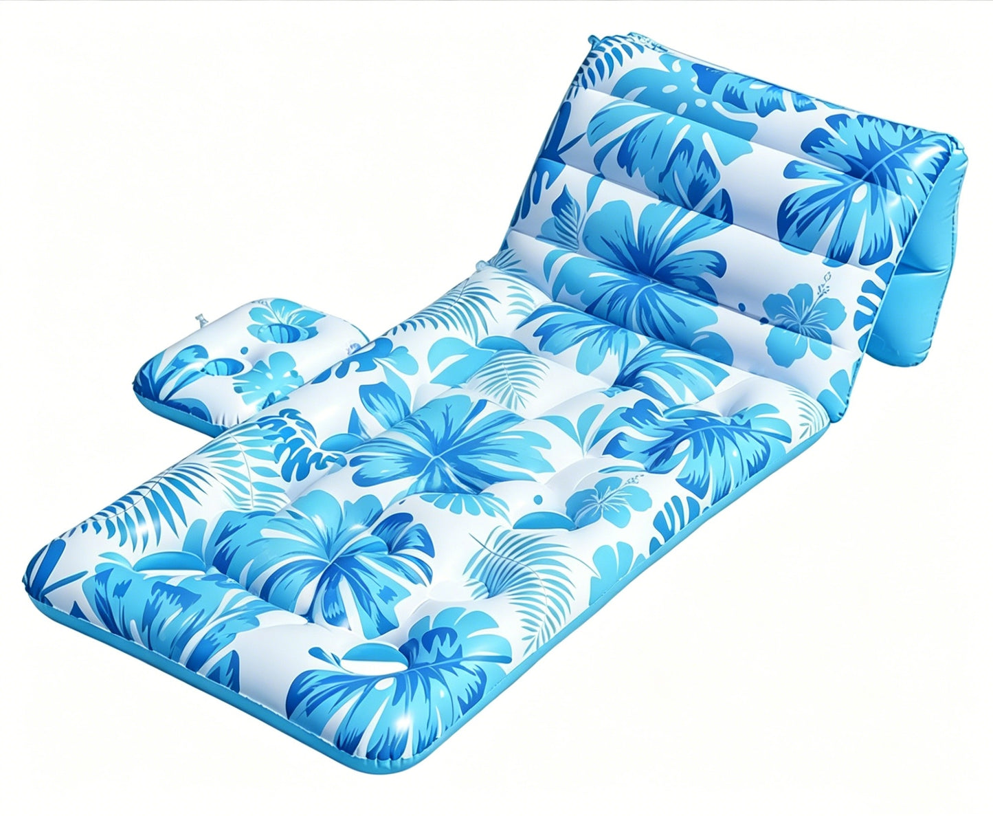 HeyGo 71"x35" Inflatable Pool Float Lounger, Blue Floral Reclining Raft with Headrest, Portable PVC Bed for Beach & Lake Fun
