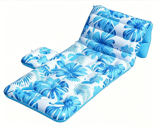 HeyGo 71"x35" Inflatable Pool Float Lounger, Blue Floral Reclining Raft with Headrest, Portable PVC Bed for Beach & Lake Fun