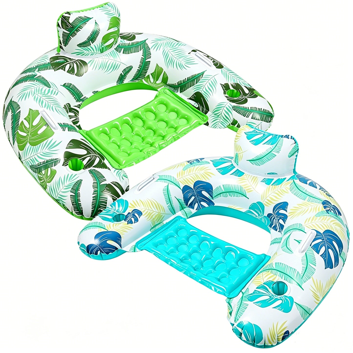HeyGo 2-Pack U-Shaped Inflatable Pool Float Chairs with Cup Holders (Blue & Green, 44x37 in) Lounger for Summer Fun