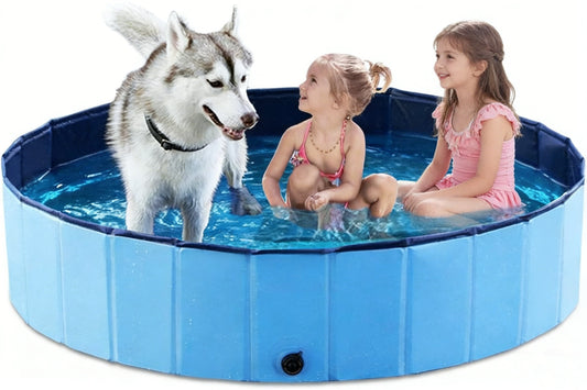 HeyGo 55.1" Foldable Dog Bath Pool - Collapsible Wading Tub for Dogs, Cats, and Kids - Durable Blue MDF Wood