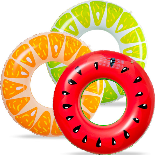 Jasonwell 3PCS Fruit Pool Floats - Watermelon, Orange & Lime Inflatable Swimming Rings for Kids & Adults, Multi-Color
