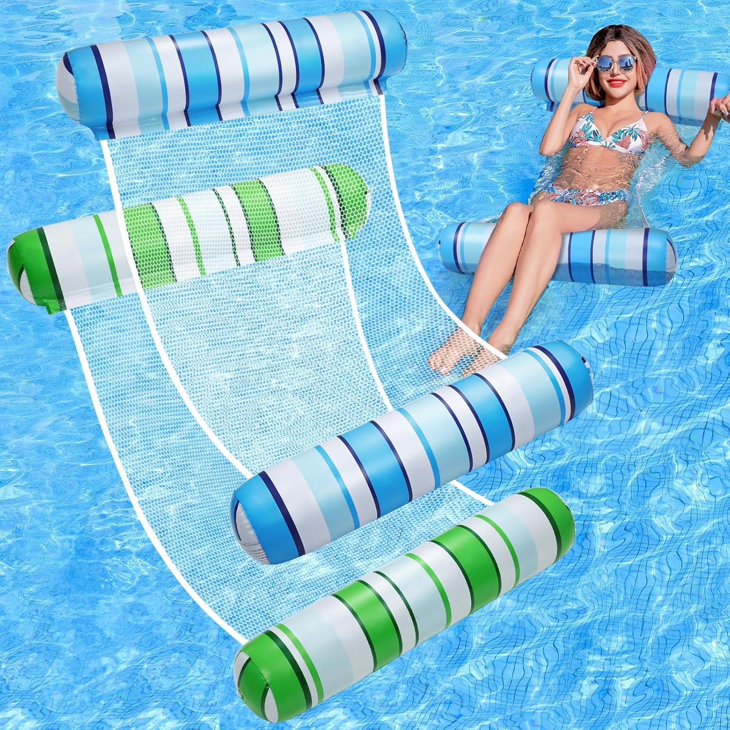 Jasonwell 2-Pack Pool Floats for Adults, 4-in-1 Multi-Purpose Inflatable Loungers, PVC Water Hammocks, Blue & Green Stripes, Large