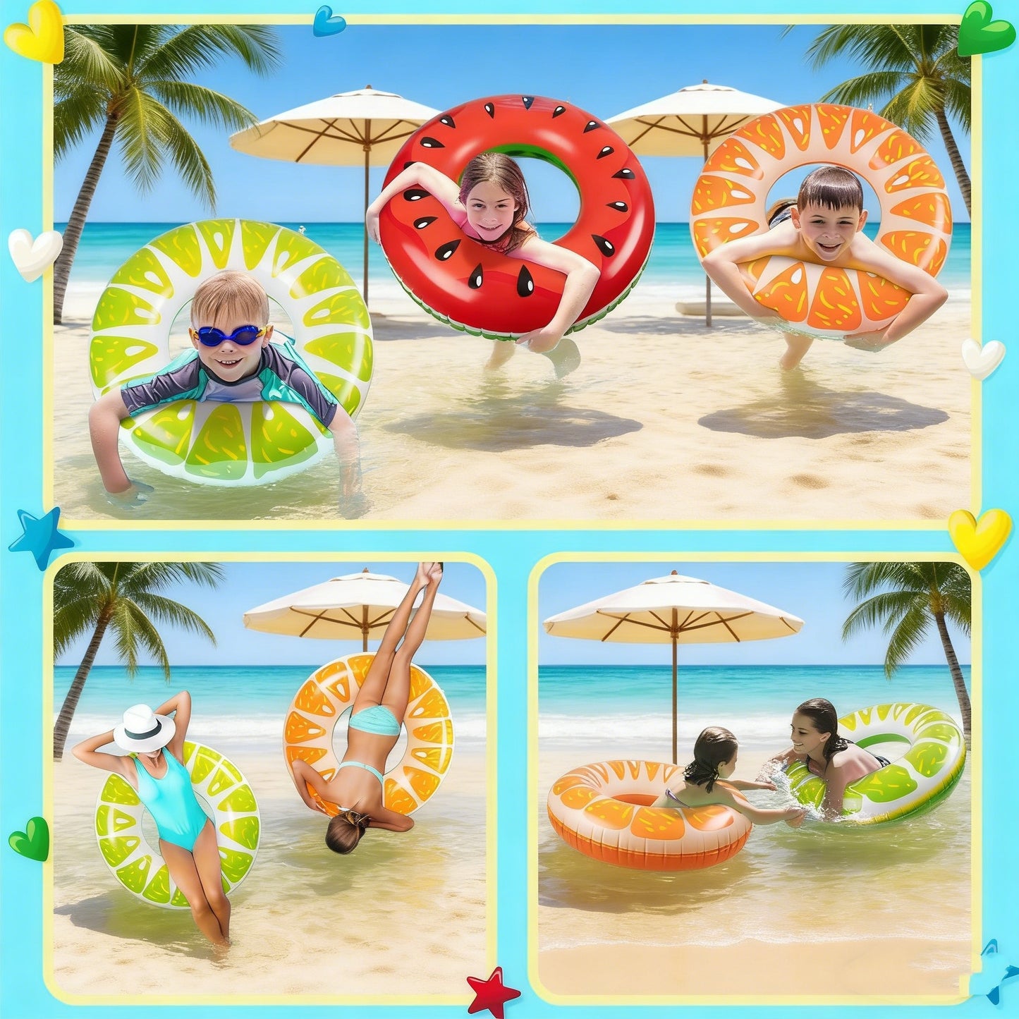 Jasonwell 2PCS Fruit Pool Floats - Watermelon & Lime Inflatable Rings for Kids & Adults, Vibrant Multi-Color Design