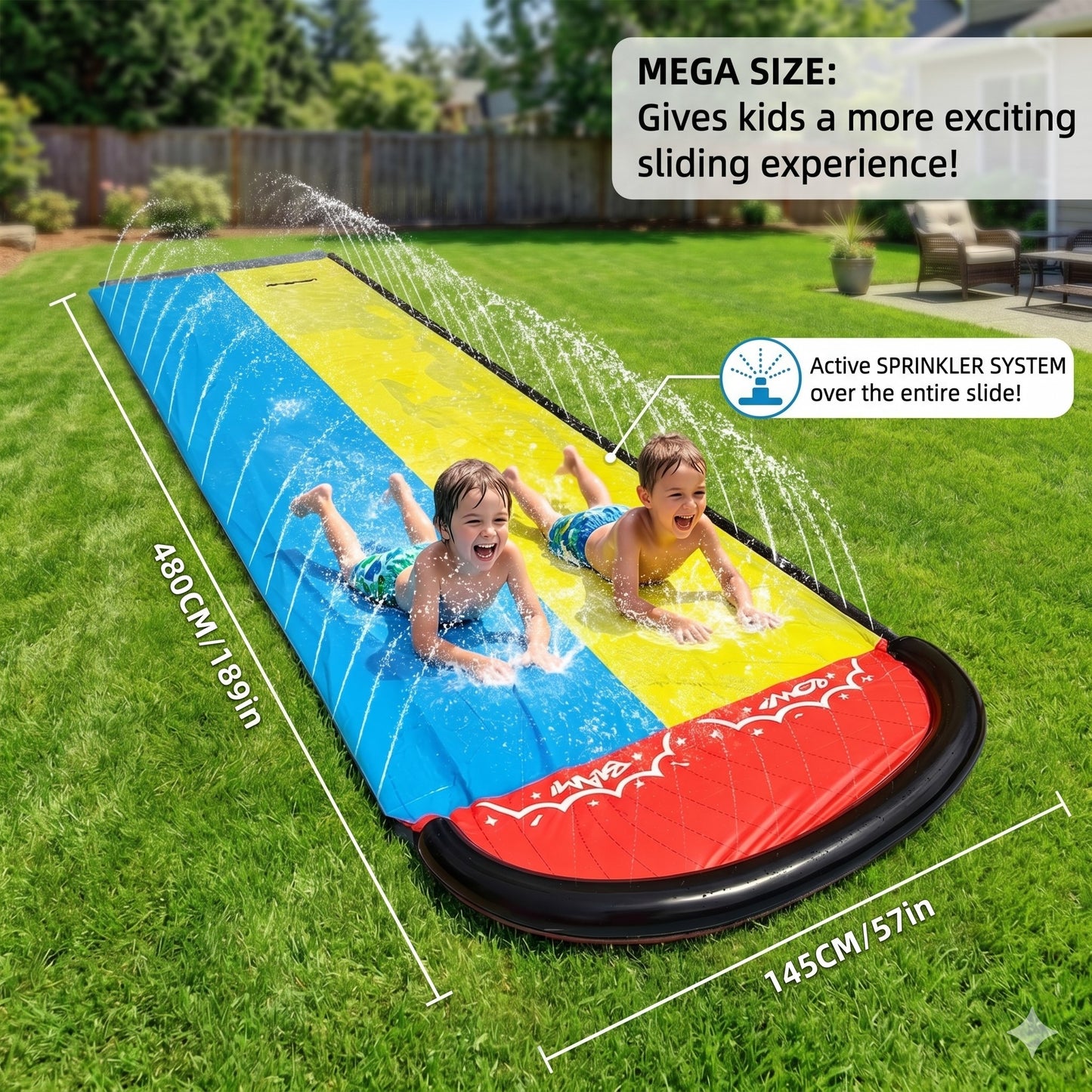 HeyGo Double Lane Water Slide with 2 Inflatable Boards 189" x 57" Lawn Slip Sprinkler for Kids and Adults Summer Outdoor Fun Toy