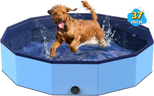 Jasonwell Medium Foldable Dog Pool, 37"x8" Portable Hard Plastic Swimming Pool for Dogs, Cats & Kids, Collapsible Pet Bathing Tub, Blue