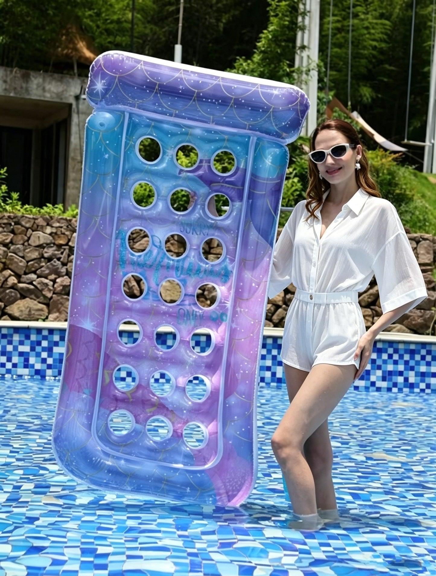 HeyGo 21 hole round hole sequin star mermaid lounge chair float giant float adult size head pillow, summer beach, outdoor