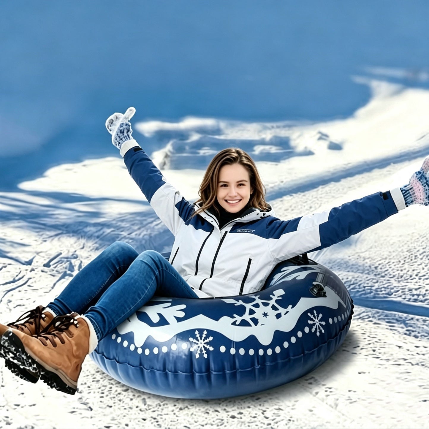 47 Inch Blue Inflatable Snow Tube Sled with 2 Reinforced High Handles, Heavy-Duty Reinforced Bottom Winter Sled for Family Outdoor Games & Christmas Activities