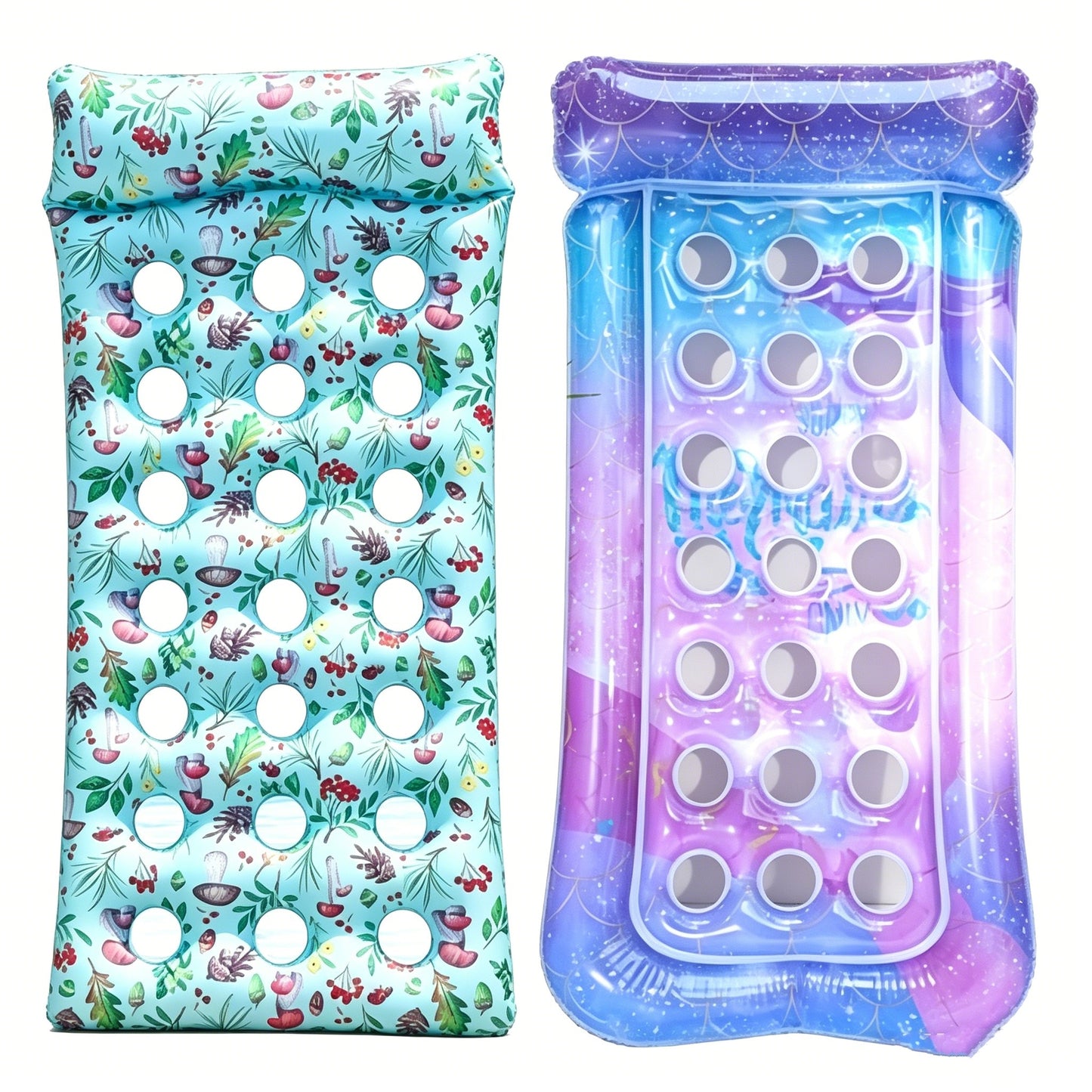 HeyGo 2-Pack 21-Hole Inflatable Pool Floats Combo (Mermaid Sequin & Blue Fruit) Adult Lounger Rafts for Pool & Beach