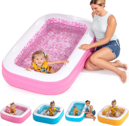 Jasonwell 2-in-1 Inflatable Kiddie Pool 65"x39"x10", Soft Cushioned Floor, Handles, Drain, Shallow Rectangular Pool for Kids 2+, Playful Pink