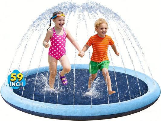 Jasonwell 59" Non-Slip Splash Pad for Kids & Dogs, Thick Outdoor Sprinkler Pool Water Toy - Fun Blue Design for Summer Play
