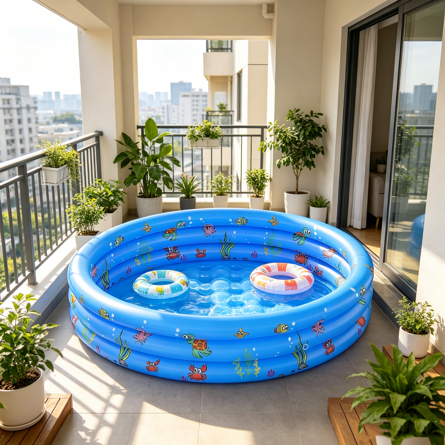 HeyGo 40"x15" Inflatable Kiddie Pool - 3-Ring Blue Baby Swimming Pool with Sea Animal Prints for Toddlers Backyard Summer Fun