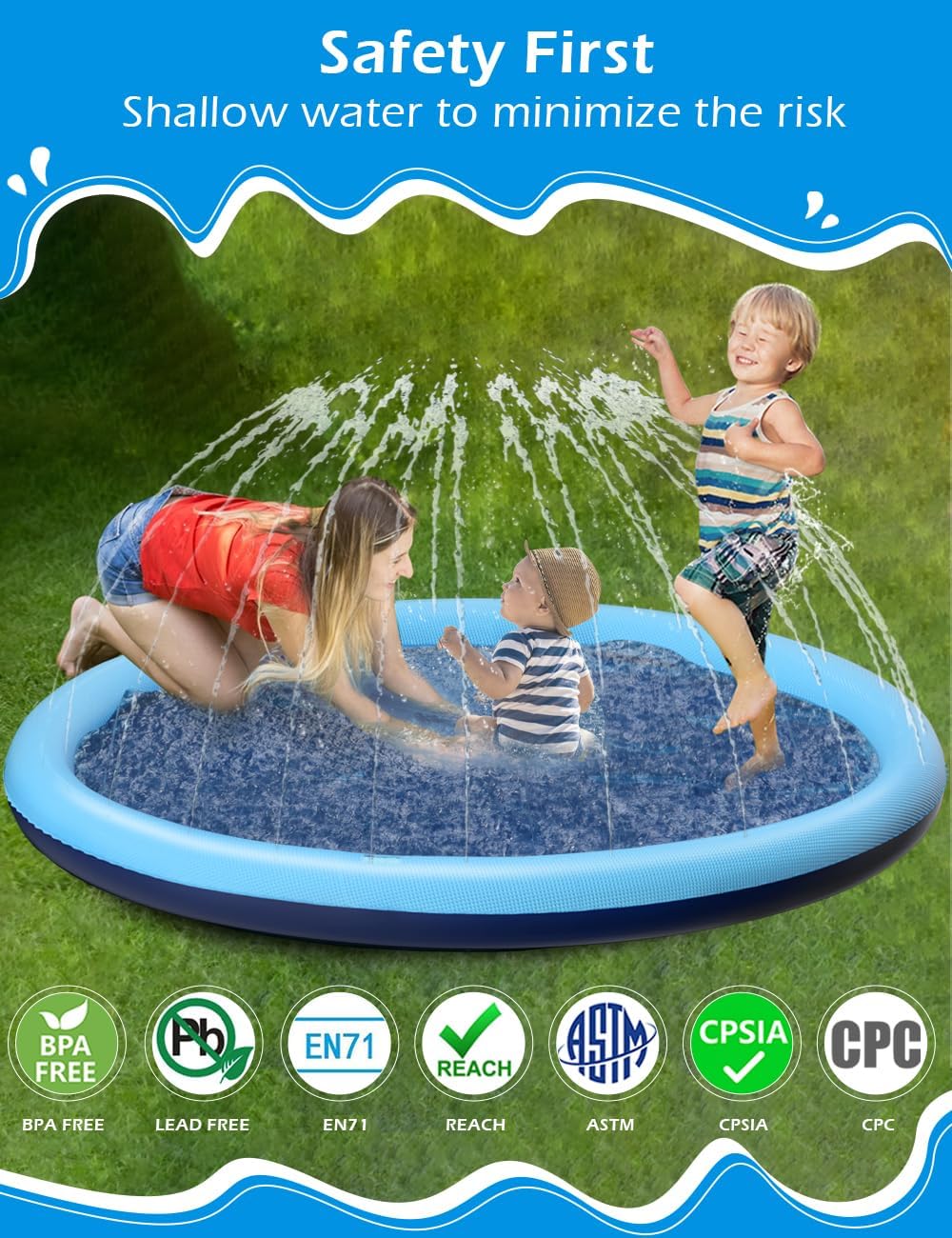 HeyGo 59" Non-Slip Splash Pad for Kids & Dogs Thick Blue Sprinkler Water Toy for Summer Fun in Yard or Pool