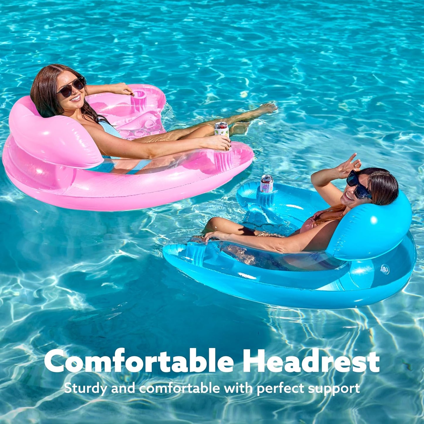 Jasonwell 2-Pack Inflatable Pool Chairs with Cup Holders, 49"x35" Blow-up Hammock Noodle Mat for Summer Fun, Blue & Pink
