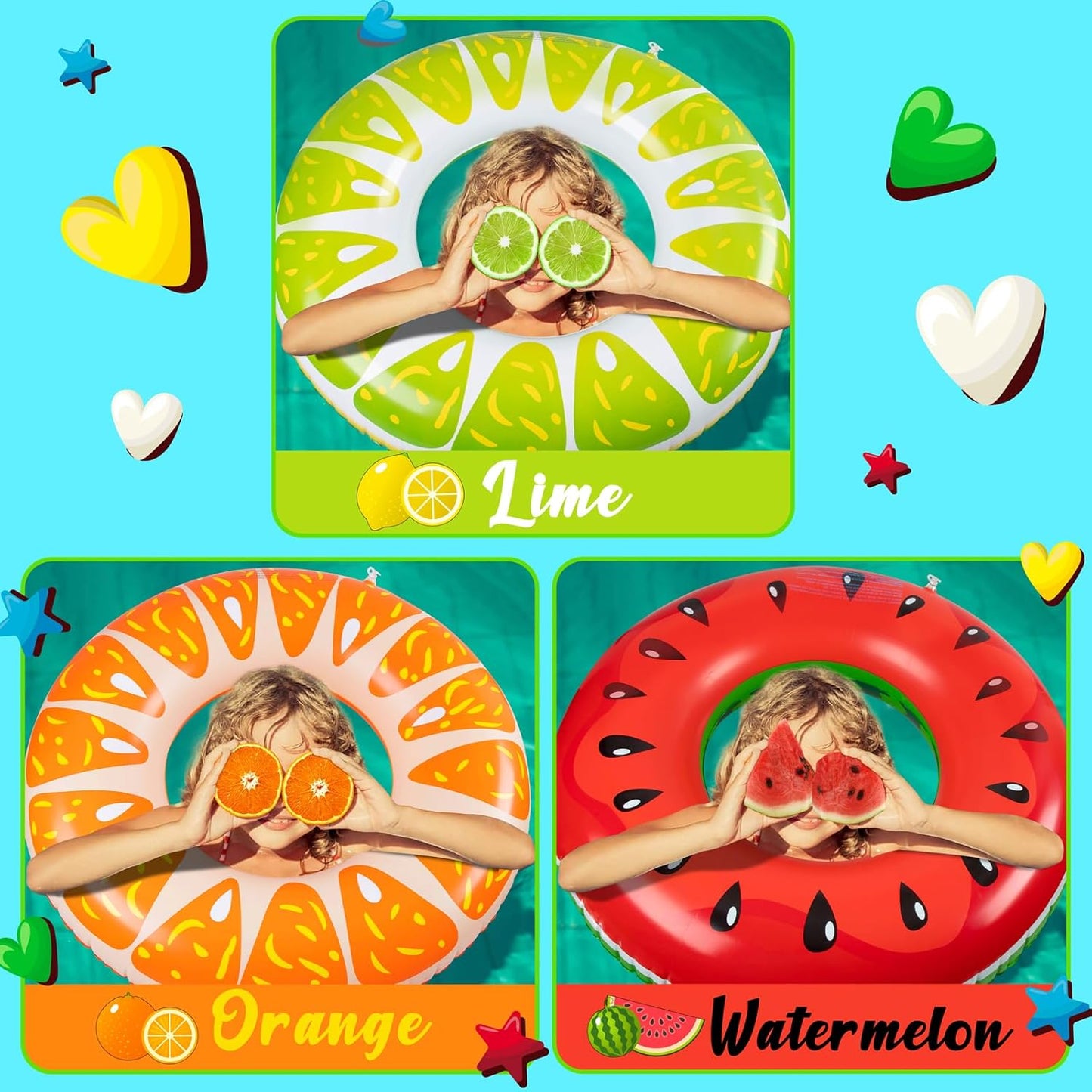 Jasonwell 3PCS Fruit Pool Floats – Watermelon, Orange & Lime Inflatable Swimming Rings for Kids & Adults, Colorful Set