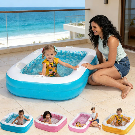Jasonwell 2-in-1 Inflatable Kiddie Pool 65"x39"x10", Soft Cushioned Floor, Handles & Drain, Shallow Rectangular Pool for Kids 2+, Blue