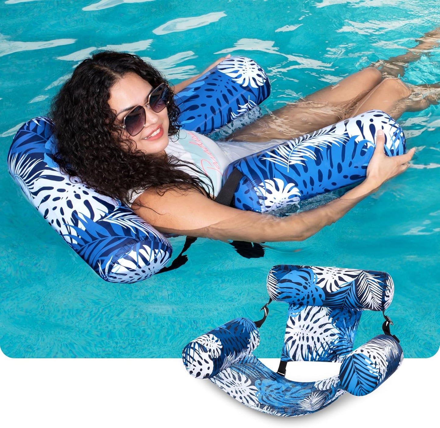 HeyGo Inflatable Pool Float Adult Lounge Chair - Blue Plant Pattern Cloth Floating Mat for Summer Lake & Beach, 46" x 33"