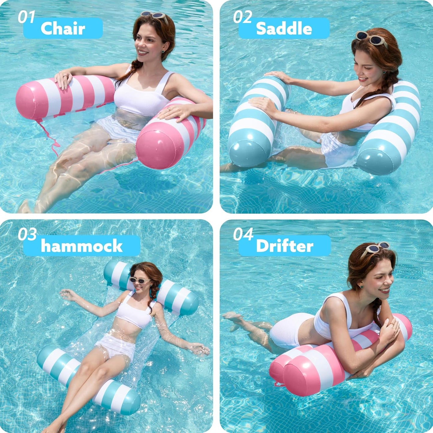 Jasonwell 2-Pack Hammock Pool Floats for Adults – 4-in-1 Inflatable Lounge Floaties, PVC, Aquablue & Pink, 48" x 31.5"