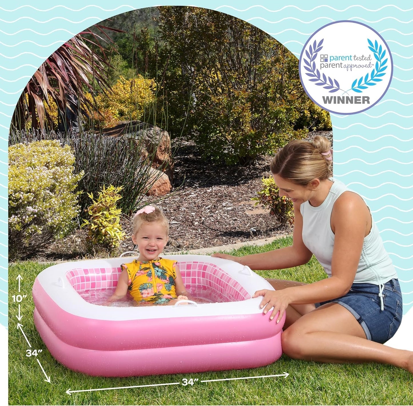Jasonwell 34"x10" Inflatable Baby Pool for Toddlers 1-3, Soft Floor, Handles & Drain, Blow-up Bathtub & Ball Pit, Outdoor Summer Toy, Pink
