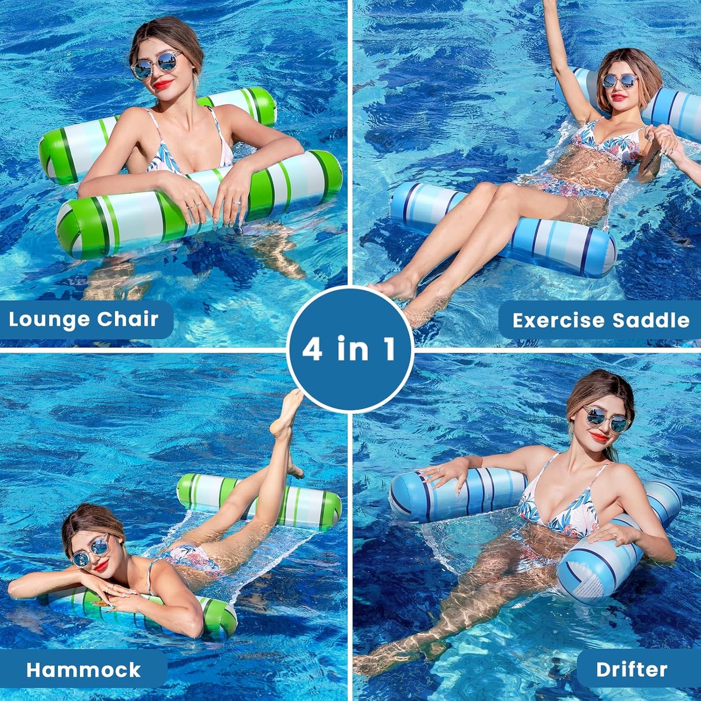 Jasonwell 2-Pack Pool Floats for Adults, 4-in-1 Inflatable Loungers, PVC Water Hammocks, Blue & Green Stripes, Large
