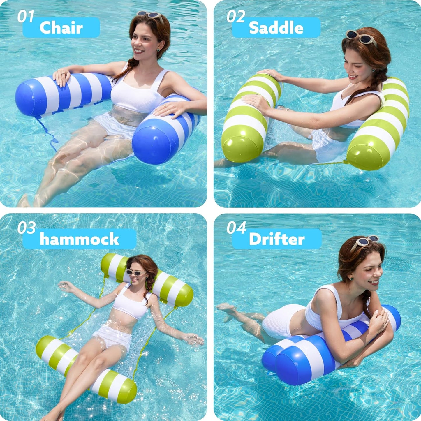 Jasonwell 2-Pack Hammock Pool Floats for Adults – 4-in-1 Inflatable Lounge Floats, PVC, Blue & Retro Green, 48" x 31.5"