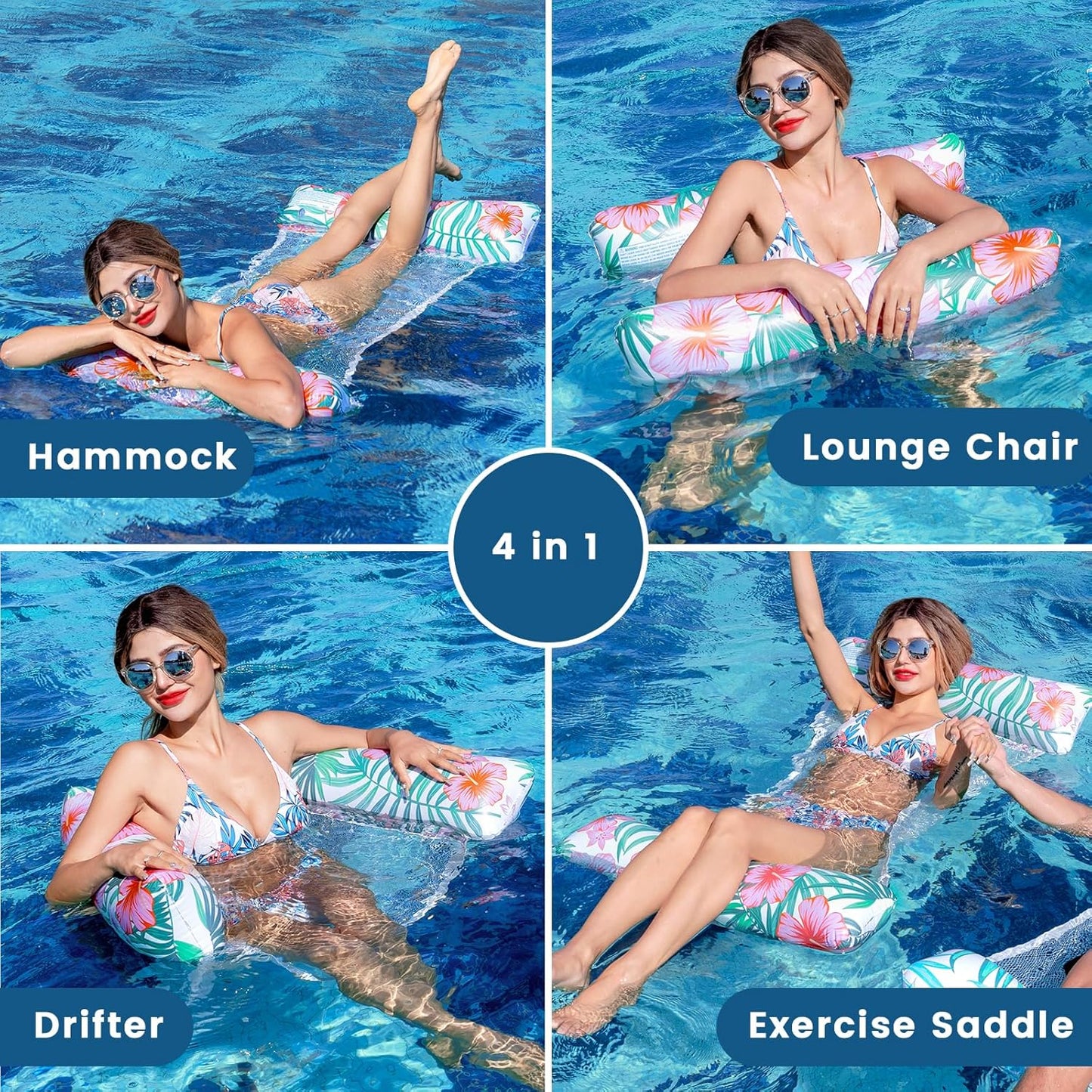 Jasonwell 2-Pack Pool Floats for Adults, 4-in-1 Inflatable Loungers, PVC Water Hammocks, Large, Multicolor, Vacation Ready
